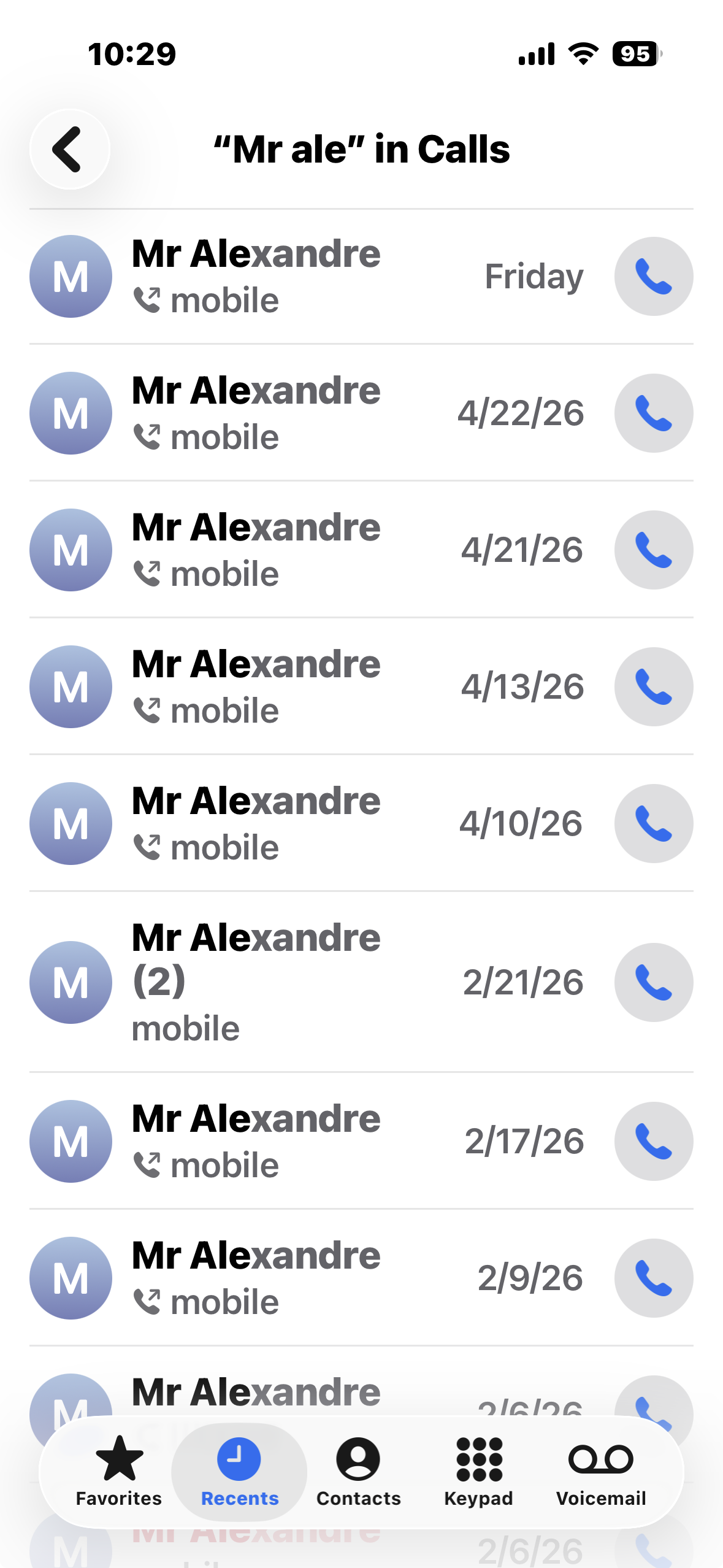 Call log screenshot 1