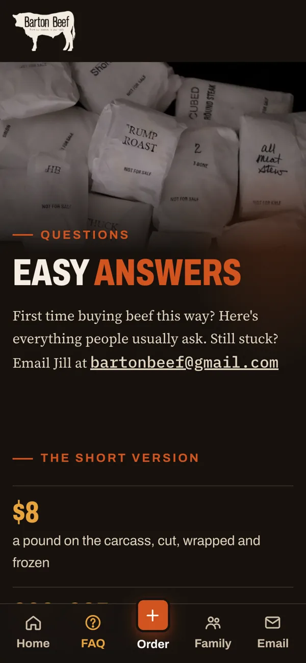 Barton Beef questions page on a phone