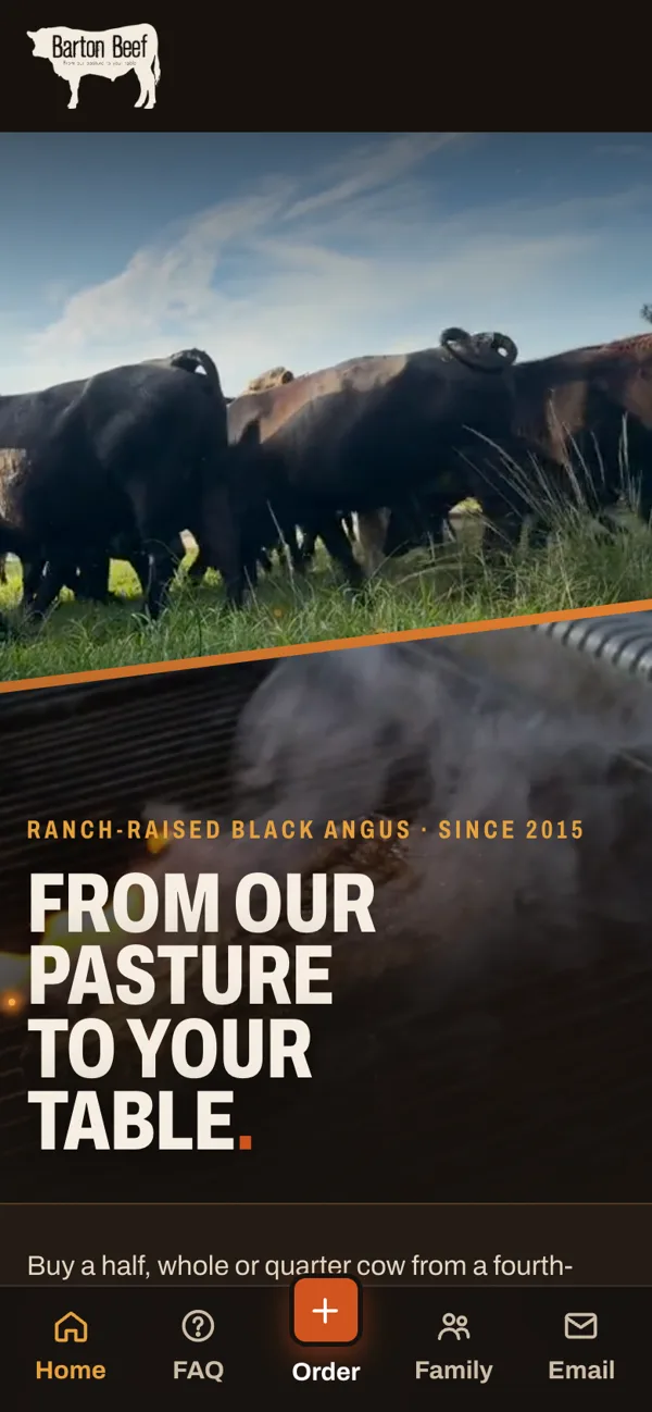 Barton Beef homepage on a phone with the app-style bottom tab bar