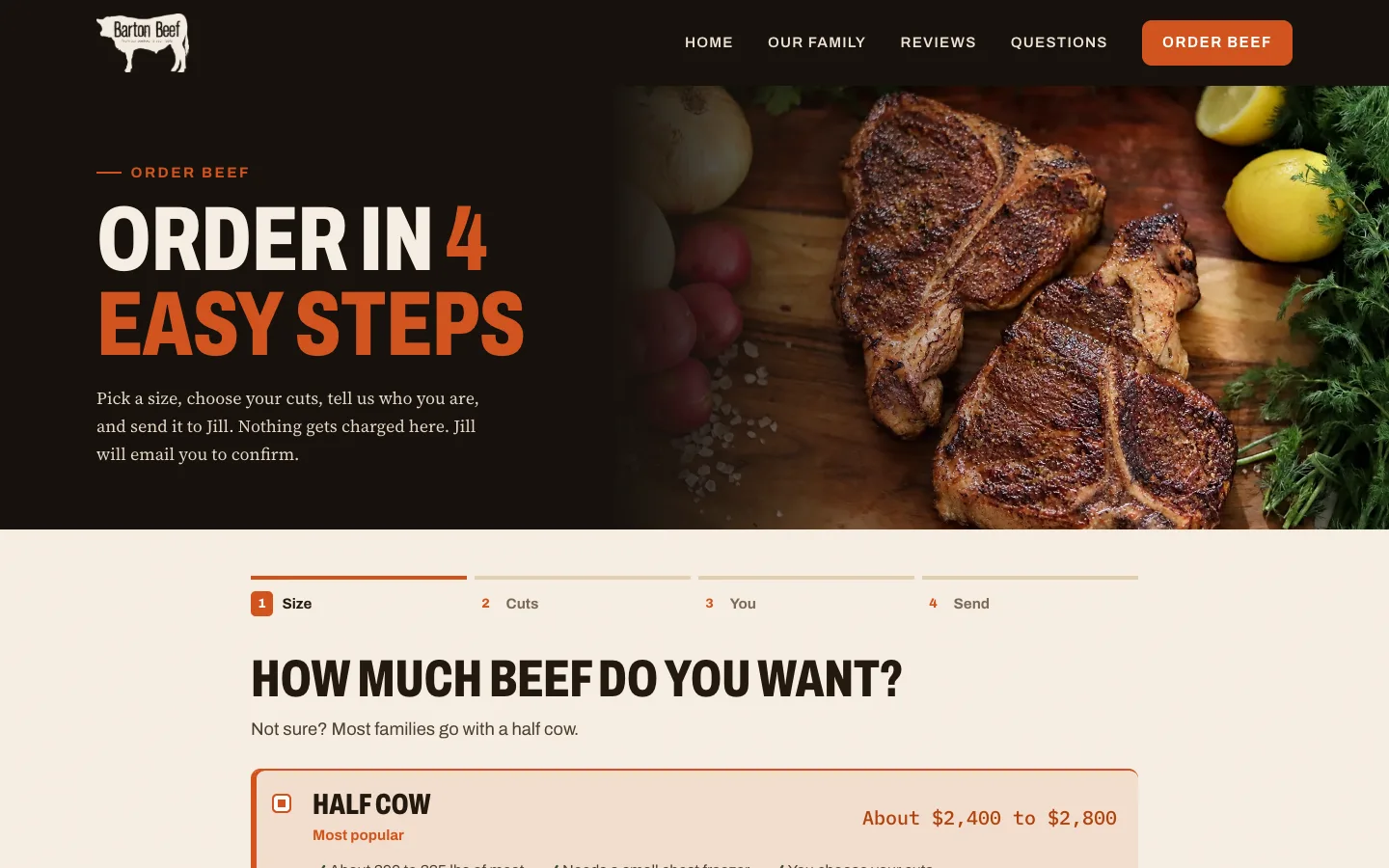 Barton Beef order page step one with half, whole and quarter cow choices