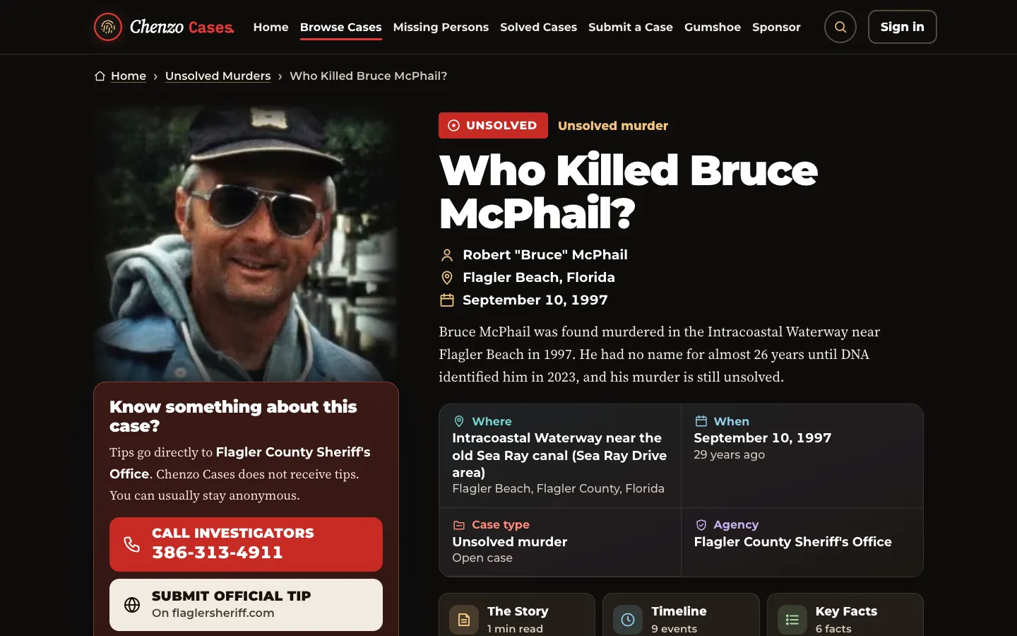 Chenzo Cases case page for the Bruce McPhail cold case with key facts and a tip-line card