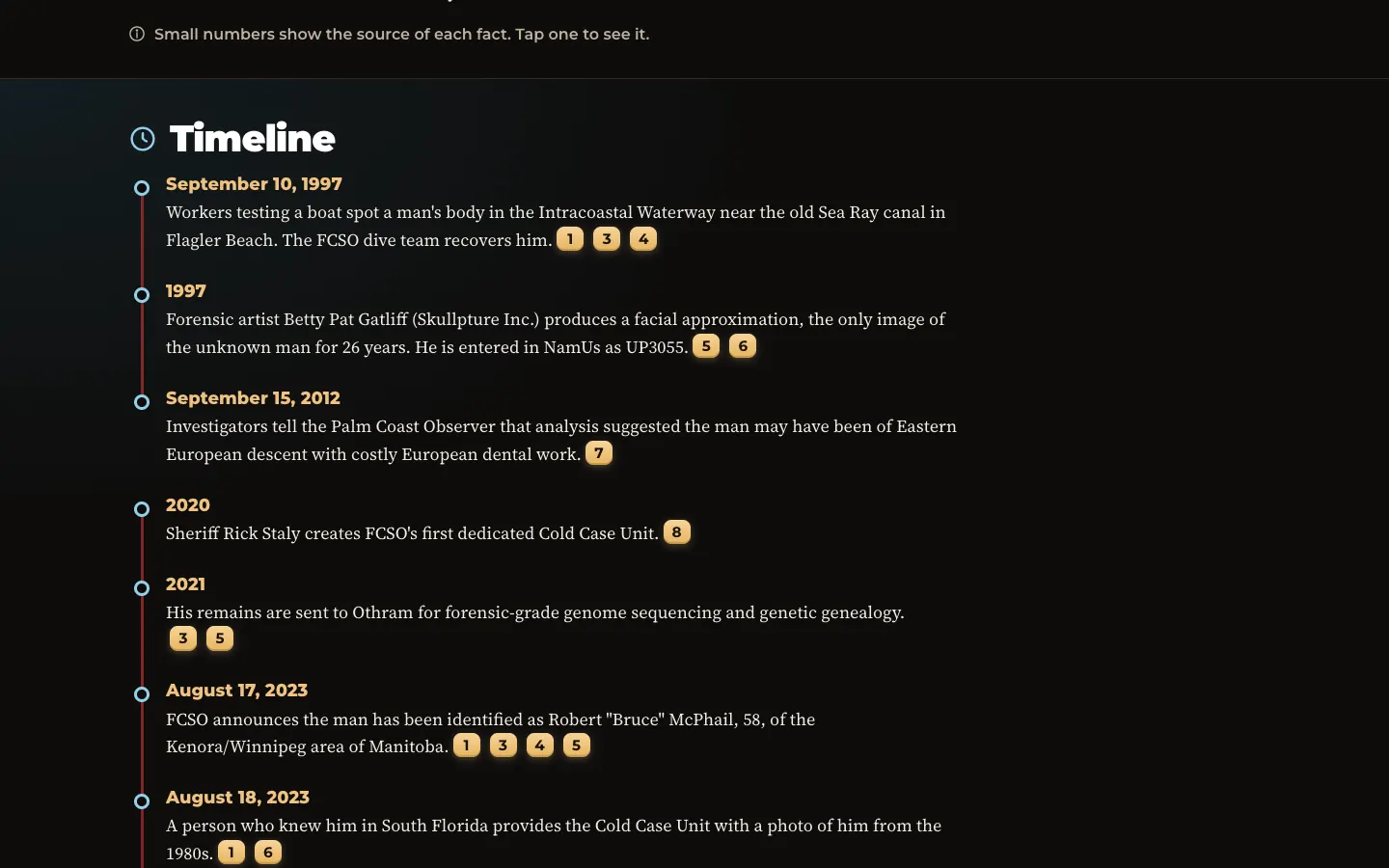 Case timeline on Chenzo Cases with numbered source chips on every fact