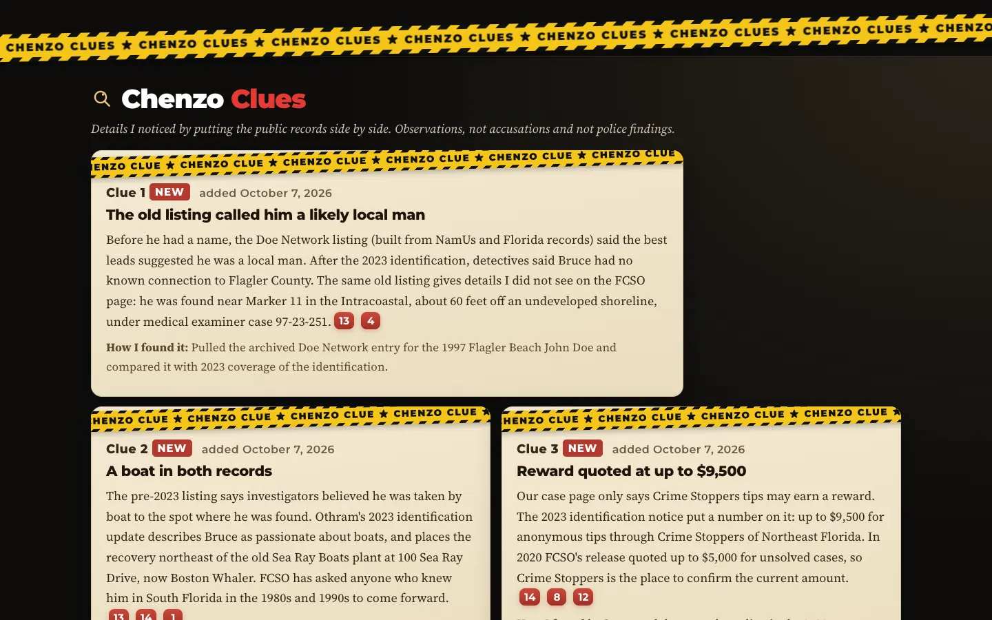 Chenzo Clues cards styled as cream manila notes with caution-tape headers