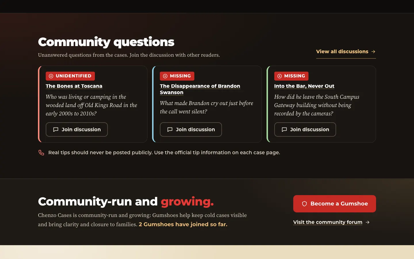 Community questions and discussion section on the Chenzo Cases homepage