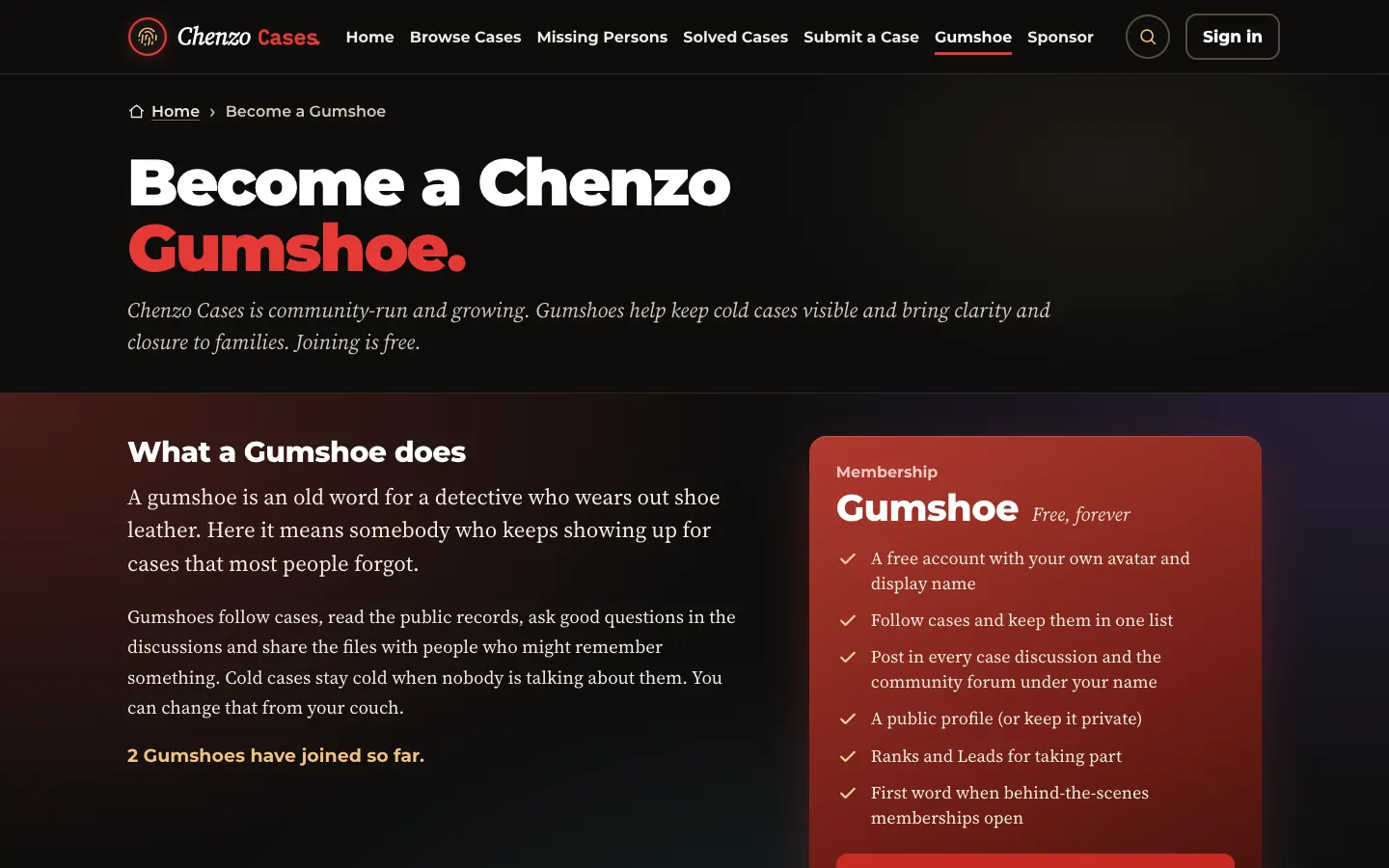 Gumshoe membership page on Chenzo Cases with the free membership card