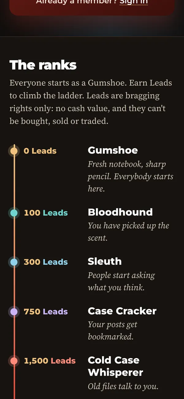 Gumshoe rank ladder with Leads points on a phone