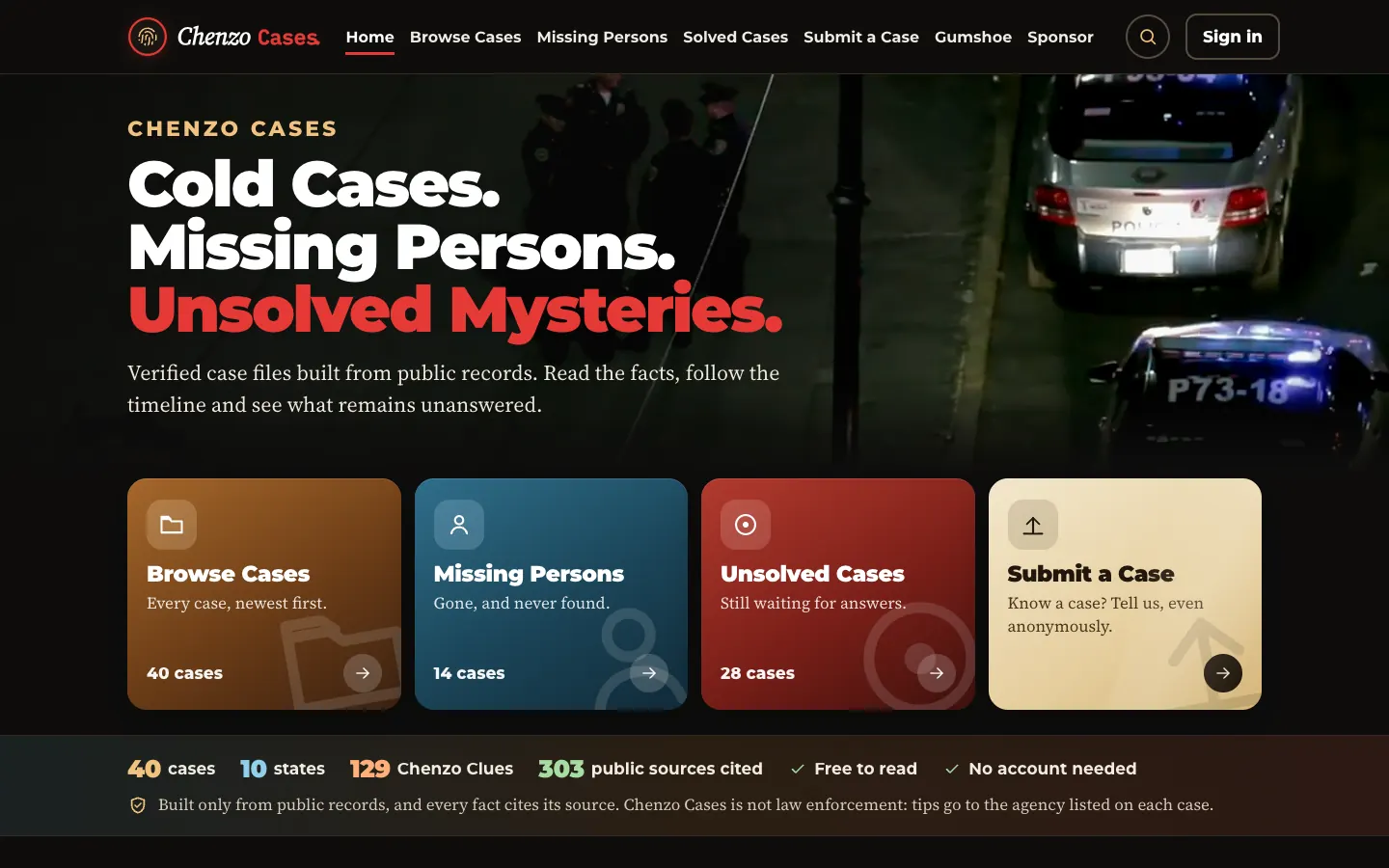 Chenzo Cases homepage on desktop with a police-night hero video and color-coded case buttons