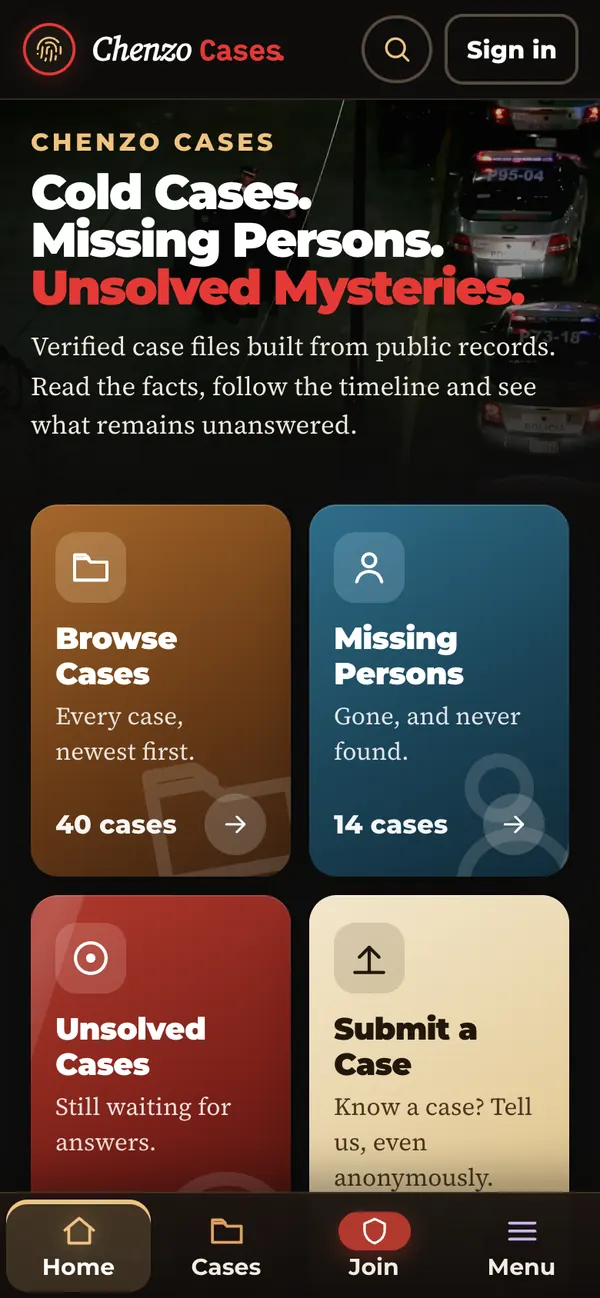 Chenzo Cases homepage on a phone with the app-style bottom tab bar