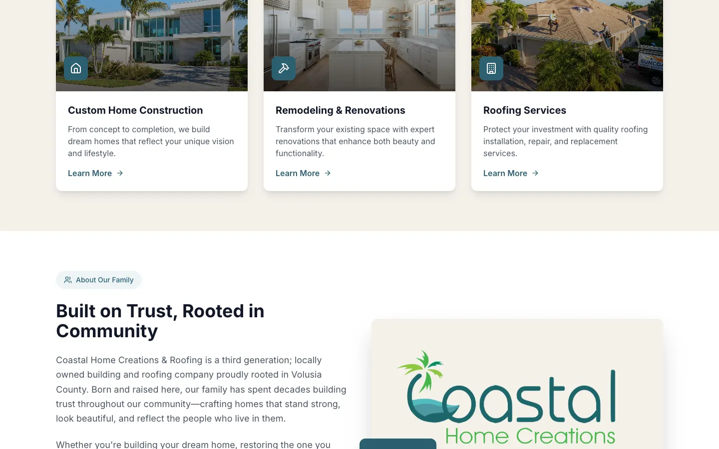 Coastal Home Creations & Roofing website detail