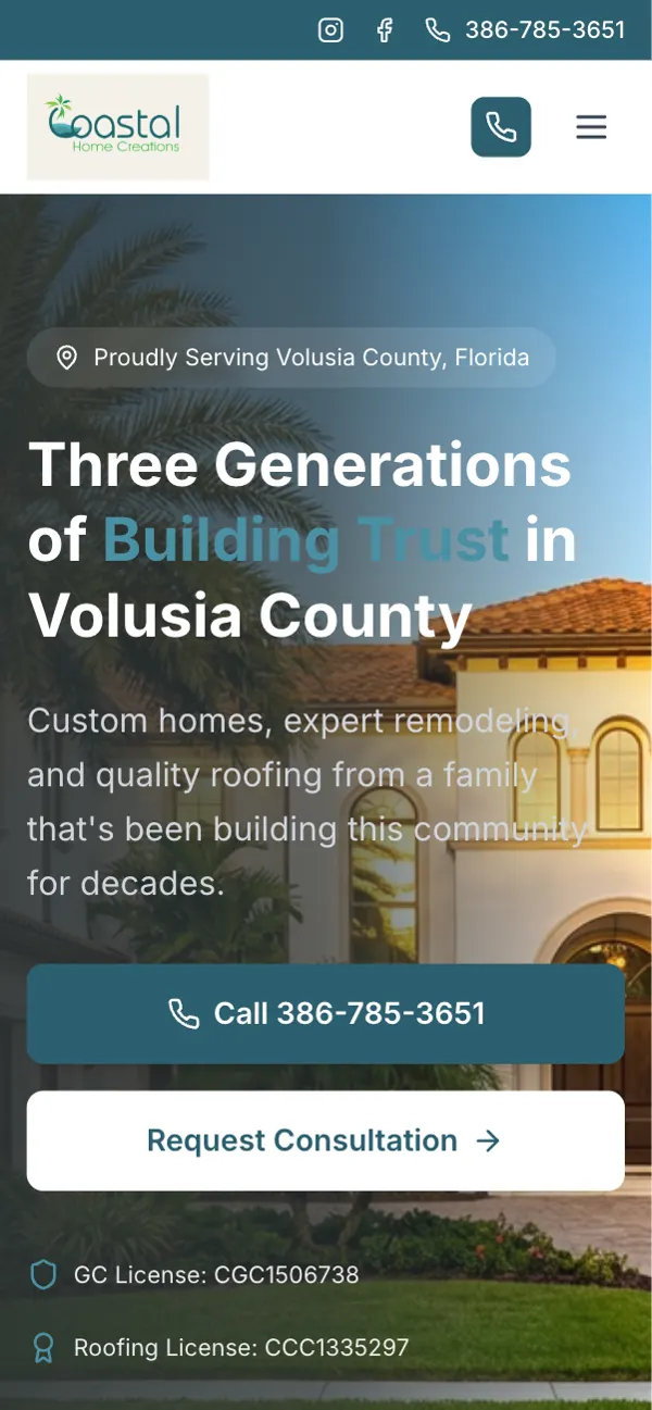Coastal Home Creations & Roofing on a phone