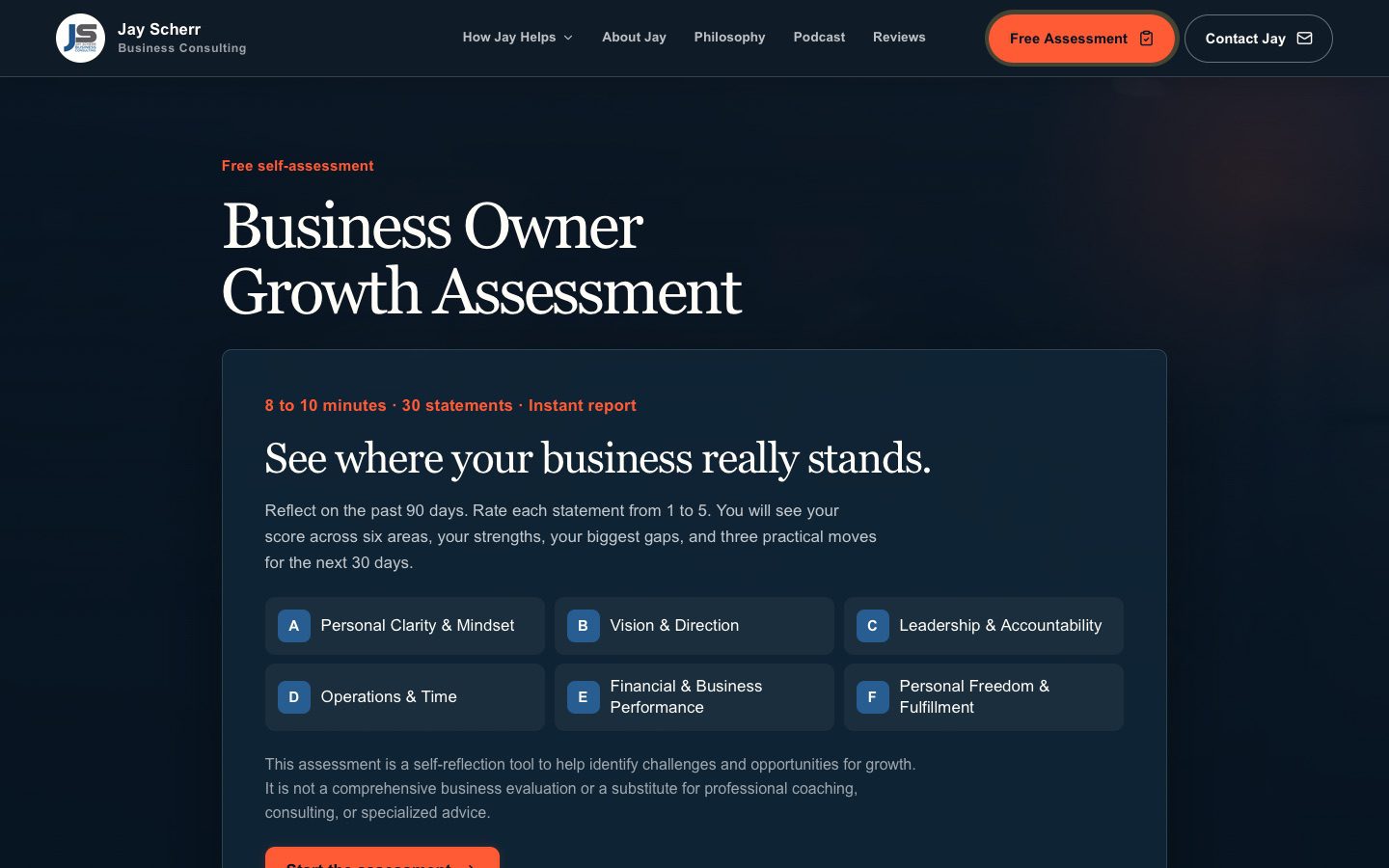 The Business Owner Growth Assessment start screen with six areas of business