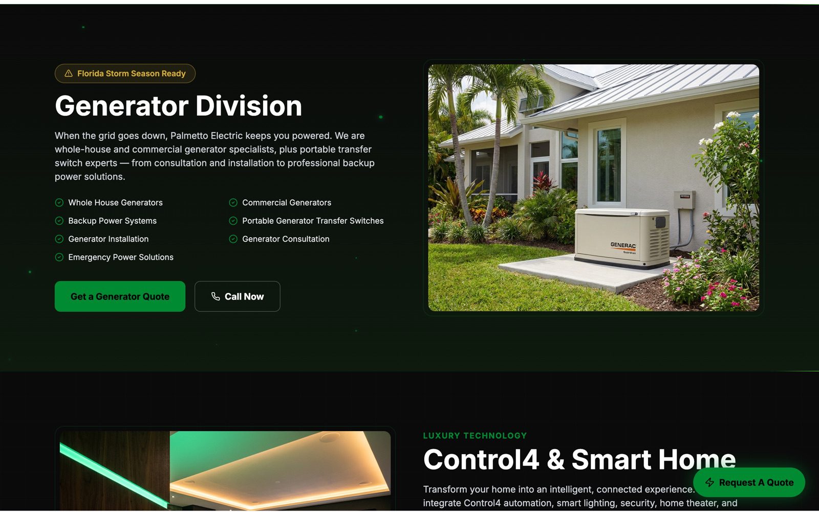 The Generator Division section of the Palmetto Electric site with a standby generator beside a Florida home