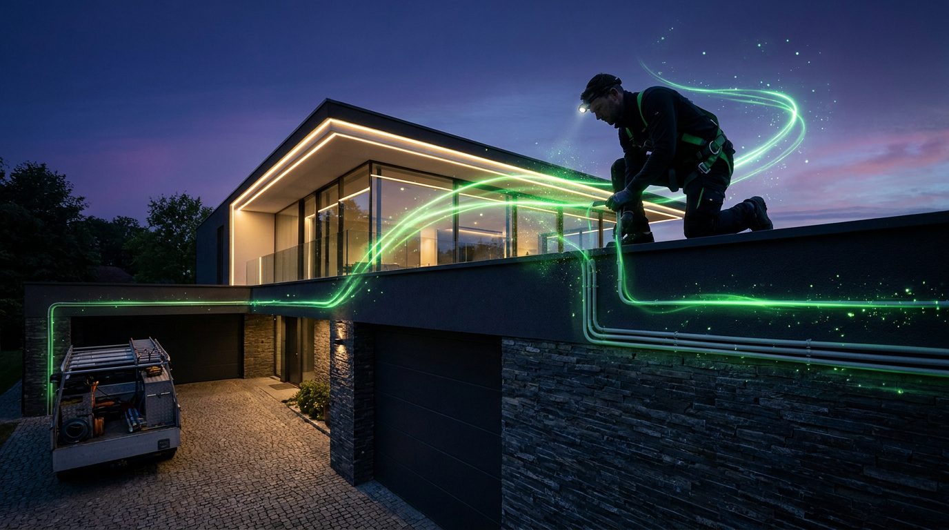 Palmetto Electric electrician working on a rooftop at dusk with glowing green power lines, from the new homepage