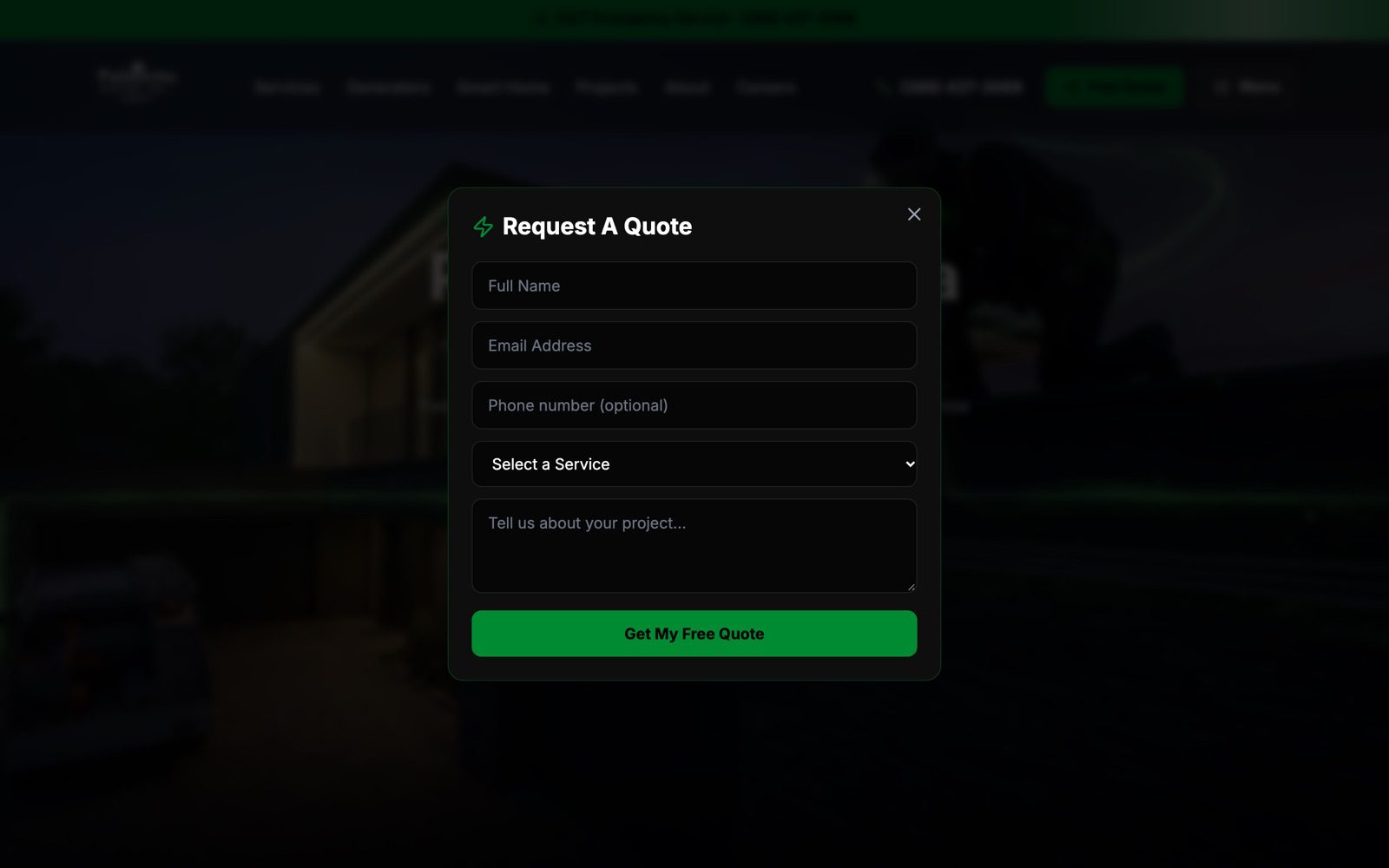 The Request A Quote form open over the Palmetto Electric homepage