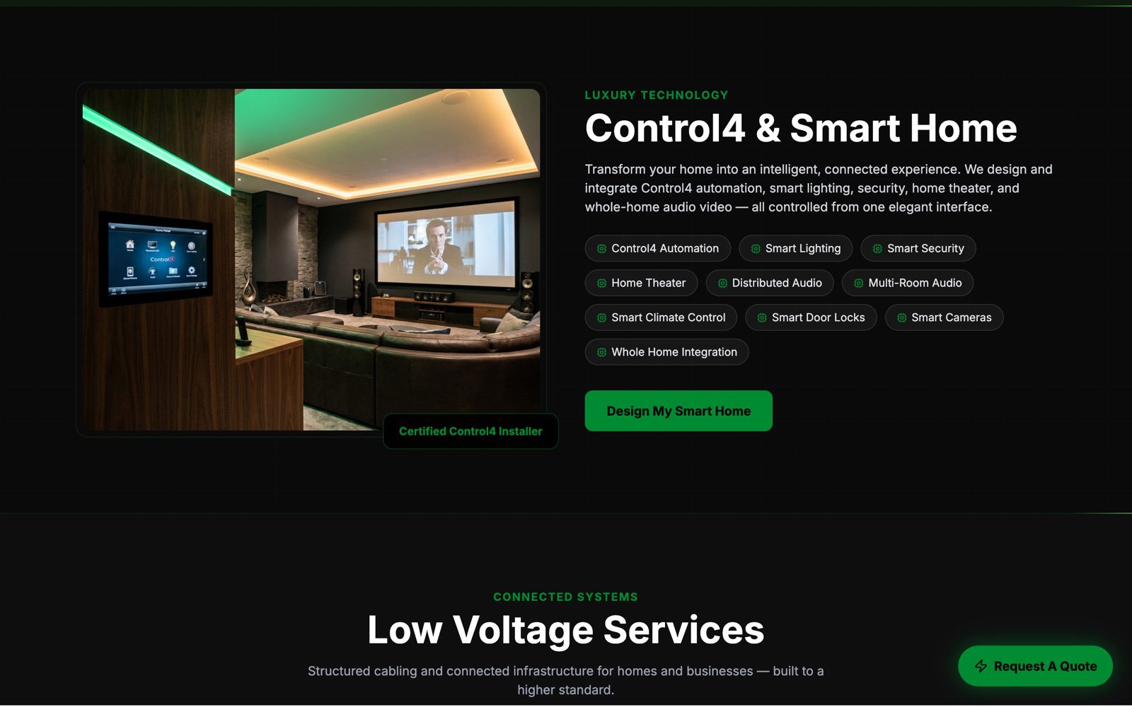 The Control4 and Smart Home section with a home theater and touch panel
