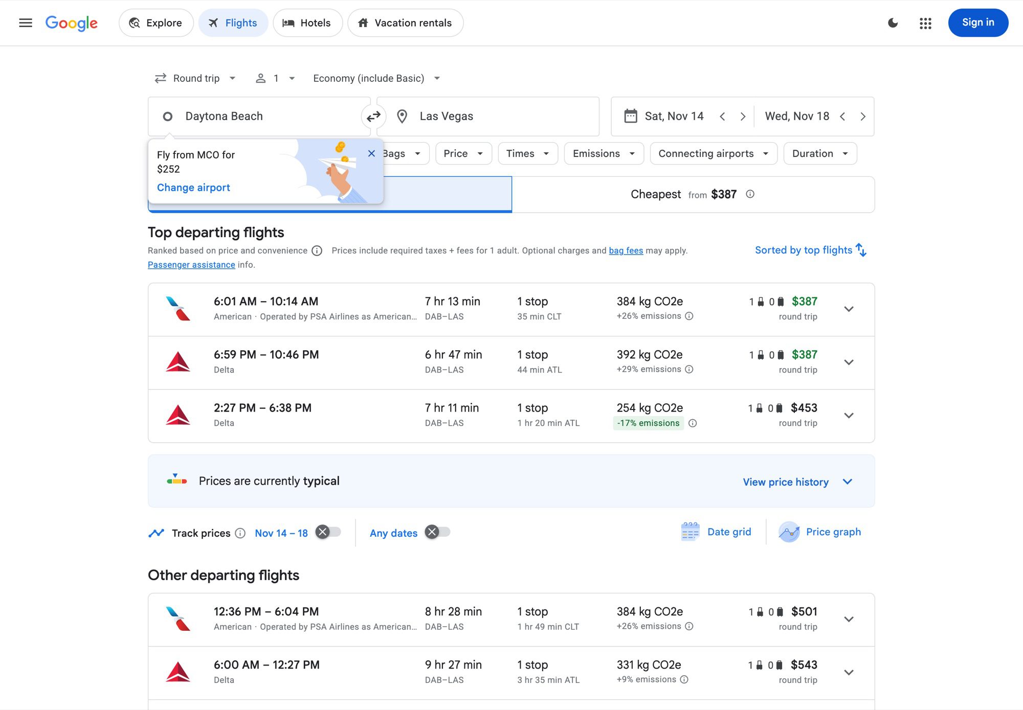 Flight results ZoTalk pulled up in its own private browser, cheapest round trip $387