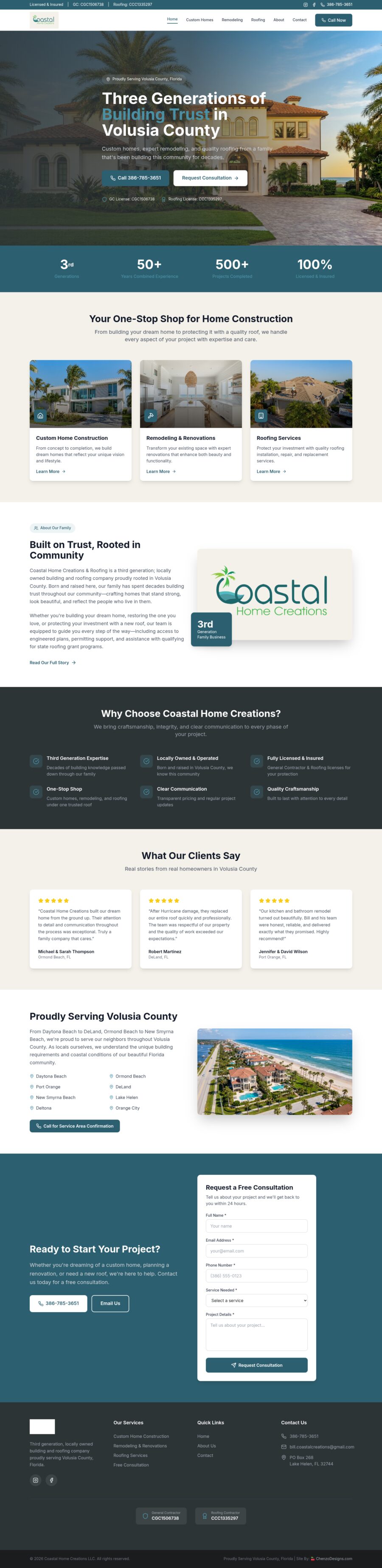Custom Homes Volusia County website by Chenzo Designs